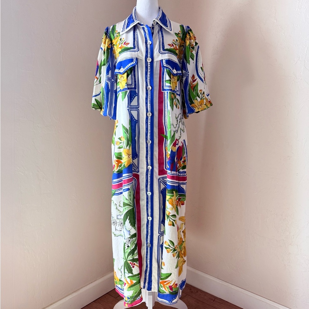 Farm Rio Tropical Destination Linen Blend Midi Shirt Dress Size S